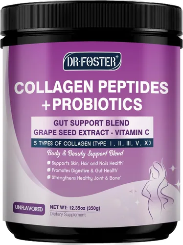 DRFOSTER Polvo de péptidos de colágeno con probióticos – Colágeno hidrolizado tipo I II III V X con mezcla antioxidante – Colágeno múltiple para