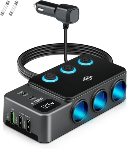 Divisor de encendedor de cigarrillos 8 en 1, adaptador de cargador de coche de 120 W con PD 30 W tipo C y QC3.0, toma de corriente para automóvil de