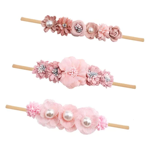Miniatura 12 de cherrboll 3 diademas de flores para bebé, súper suaves y elásticas, de nailon, para recién nacidas Rosa (Rose Bloom)