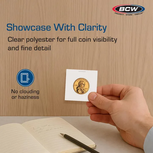 Miniatura 5 de BCW Monedas de 2 x 2 para monedas pequeñas en dólares – Paquete de 100 Ventana de poliéster archival Monedas de 2 x 2 para monedas Sacagawea