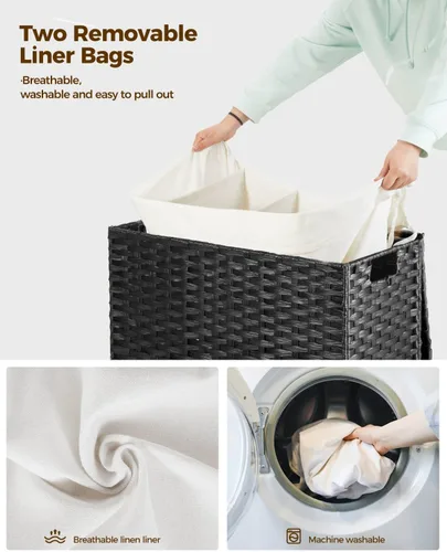 Miniatura 53 de GREENSTELL Cesta para ropa sucia con ruedas y tapa, 130 L, cesta grande de 3 secciones con 2 tipos de bolsas de forro extraíbles, 5 bolsas de malla