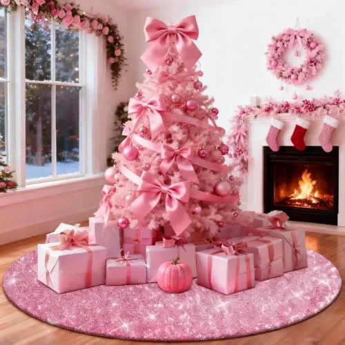 Miniatura 9 de Falda de Árbol de Navidad Rosa, Falda de Árbol de Lentejuelas Brillantes Rosa de 36 Pulgadas, Alfombrillas de Árbol de Navidad de Purpurina