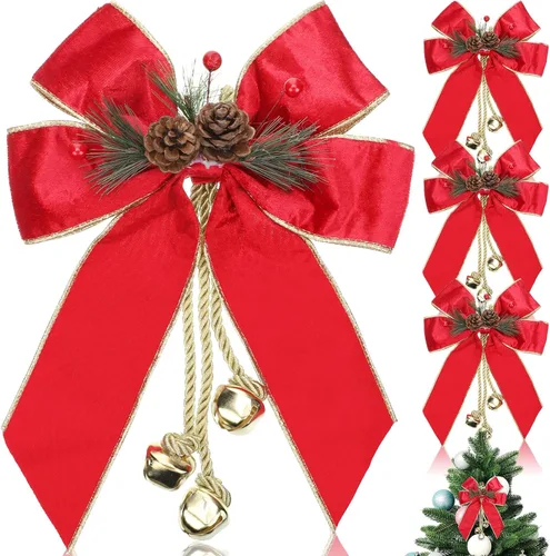 Miniatura 14 de Yinkin Corona de Árbol de Navidad Lazo Lazos de Cinta de Navidad con Campanas 11 x 7.8 pulgadas Terciopelo Cono de Pino Lazo Adornos Colgantes