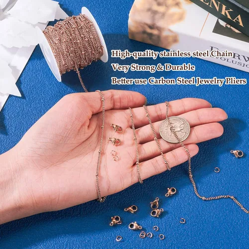 Miniatura 5 de KISSITTY Cadenas de satélite de oro rosa de 16.4 pies de acero inoxidable 304 soldadas con cierres de anillos de salto, cadena de bricolaje