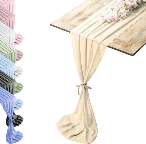 Miniatura 8 de Camino de mesa de gasa de tacto sedoso con dos estilos de lazos de cinta, camino de mesa beige arenoso, camino de mesa de boda de 29 x 120 pulgadas