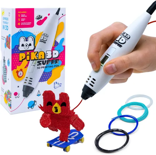 PIKA3D Bolígrafo de impresión 3D Super - Incluye bolígrafo 3D, 4 colores de repuesto de filamento PLA con guía de plantilla y manual de usuario