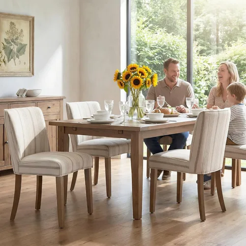Miniatura 7 de Juego de 6 sillas de comedor de estilo rústico tapizadas de lino a rayas caqui, sillas de comedor sin brazos para el hogar, cocina, comedor, Franja