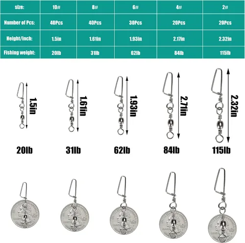 Miniatura 2 de Kit de 150 piezas de pesca giratorios, barril de rodamiento de bolas, aparejos de pesca 2 # 4 # 6 # 8 # 10#, aparejos de pesca giratorios a presión