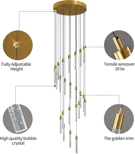 Miniatura 7 de Candelabro moderno de 24 luces para sala de estar, acabado de latón dorado, luces colgantes de techo LED regulables, 144 W, 6000 K, escaleras