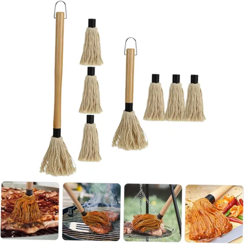 Miniatura 7 de ABOOFAN Juego de fregona para parrilla, cepillos de barbacoa para salsa Bbq Dipping Brush Basting Mop para asar material de madera de algodón