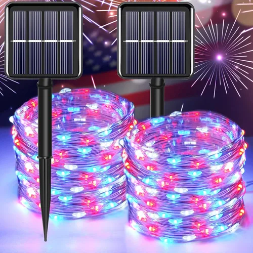 Miniatura 8 de Tira de luces solares azules de Navidad al aire libre impermeables, 2 paquetes, total 200 LED, 20.1 m, 8 modos, luces de hadas de cobre