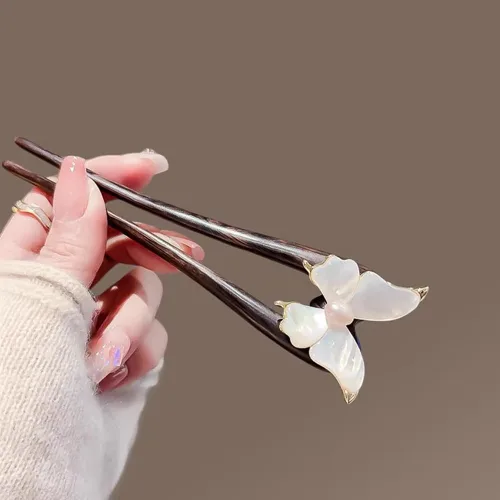 Miniatura 3 de Horquilla de madera hecha a mano – Tenedor de pelo en forma de U con diseño de mariposa de concha natural, pinzas de pelo francés para mujeres
