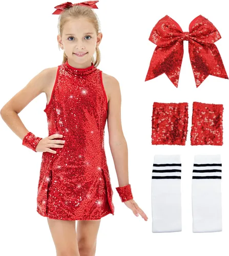 Girls Sequins Dance Costumes Dress, Jazz Dance Costume Girls Hip Hop Outfits Sleeveless Sparkle Dance Dress Top & Shorts
