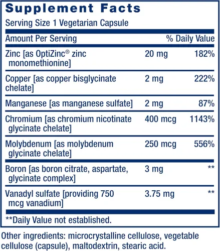 Miniatura 3 de Life Extension Only Trace Minerals, una dosis diaria de zinc, Cromo, boro, cobre, manganeso, sulfato de vanadilo, sin gluten, sin OGM, vegetariano