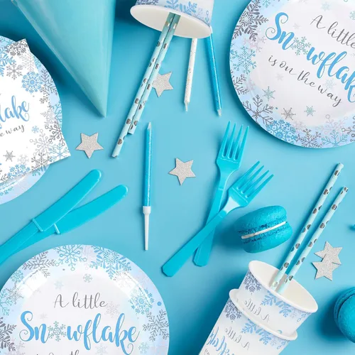 Miniatura 7 de 100 piezas de suministros de fiesta de copo de nieve de invierno, platos de papel y servilletas con tazas, juego de 25 platos azules para baby