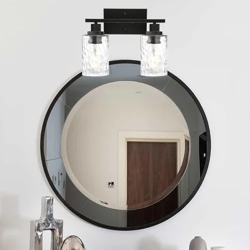 Miniatura 3 de MELUCEE Iluminación de pared interior 2 luces mate negra con vidrio martillado transparente, lámpara de pared moderna para tocador de baño