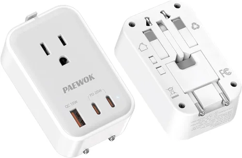 Miniatura 8 de PAEWOK Adaptador de viaje PD de 20 W, mini adaptador universal de viaje con 1 toma de CA y carga rápida USB, adaptador de enchufe internacional