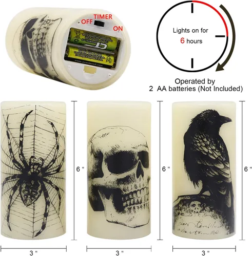 Miniatura 2 de Eldnacele Velas LED sin llama parpadeantes de Halloween, funcionan con pilas, con temporizador de 6H, calcomanías de calavera, telaraña, cuervo