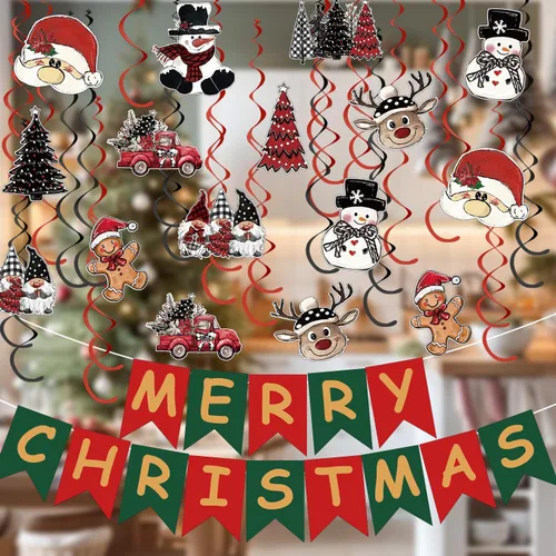 Horaldaily Decoración de Navidad de 44 piezas para colgar en forma de remolino, árboles de Navidad, camión, muñeco de nieve, gnomo, Papá Noel,