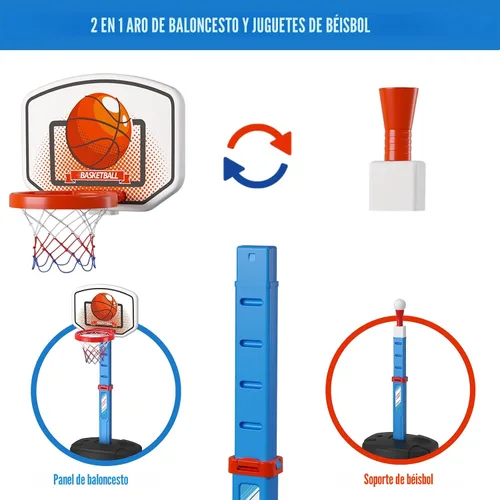 Miniatura 7 de HYES Juego de aro de baloncesto 2 en 1 y pelota en T para niños, altura ajustable, tee de béisbol para niños con máquina de lanzamiento automática
