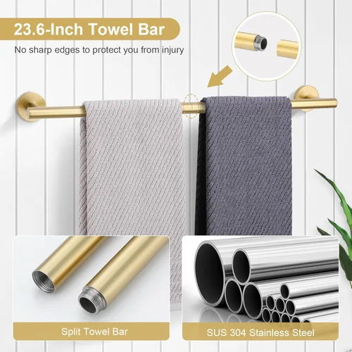 Miniatura 2 de TQKAG Juego de accesorios de baño de 5 piezas, juego de accesorios de baño de oro cepillado de 23.6 pulgadas, juego de toallero de acero inoxidable