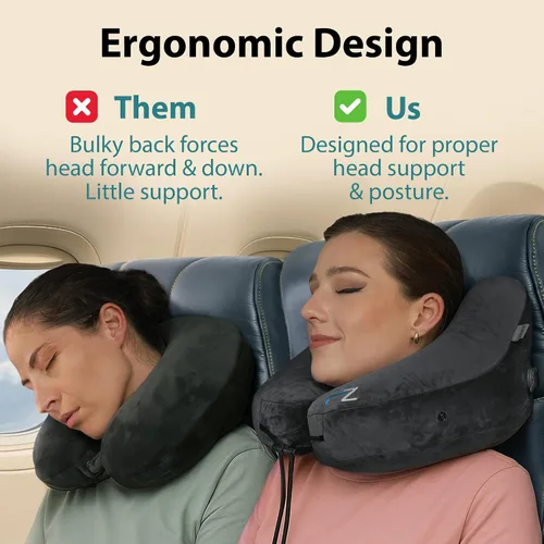 Miniatura 4 de FLOWZOOM Almohada inflable para el cuello para viajar en avión, almohada de avión con capucha en forma de H con 5 modos de repetición, inflado Negro