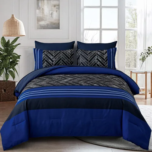 Miniatura 9 de Luxudecor Juego de Edredón Negro Tamaño King, 7 Piezas Cama en una Bolsa de Rayas Geométricas, Juego de Edredón Geométrico y Sábanas, Juego Completo