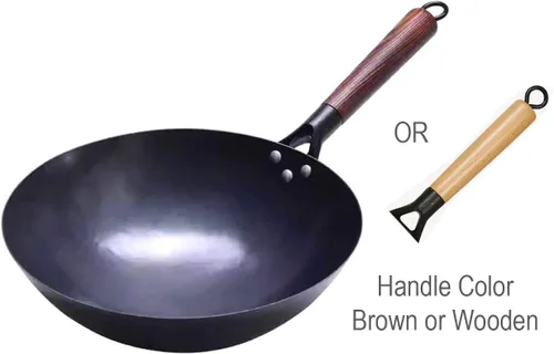Miniatura 2 de SERENITA Woks chinos de hierro martillado 100% a mano, antiadherentes, sin revestimiento, menos aceite, mango de madera sazonado negro