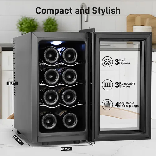 Miniatura 7 de Tylza Refrigerador de vino de 8 botellas, bodega con puerta de vidrio templado de baja emisión, pantalla táctil LED, cerradura, sin escarcha, sin