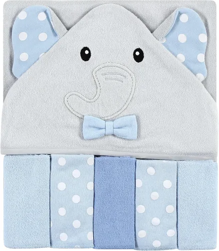 Miniatura 20 de Hudson Baby Toalla unisex con capucha para bebé y cinco toallas pequeñas, diseño de elefante gris con puntos azules, talla única
