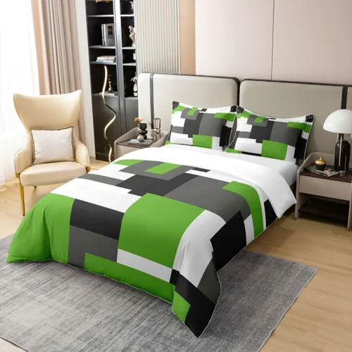 Miniatura 3 de Funda de edredón geométrica 100% algodón, tamaño individual, juego de ropa de cama de retazos, verde, negro, gris, blanco, retro, estética, rústica