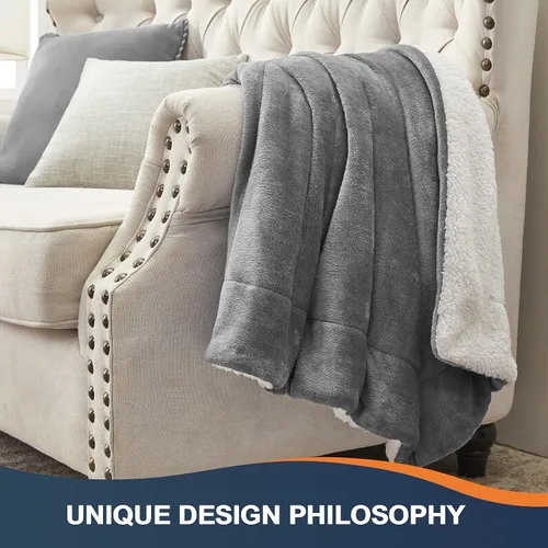 Miniatura 6 de Walensee Manta de vellón Sherpa (Tamaño Queen de 90 x 90 pulgadas, gris), manta de felpa gris peluda súper suave reversible de franela de microfibra
