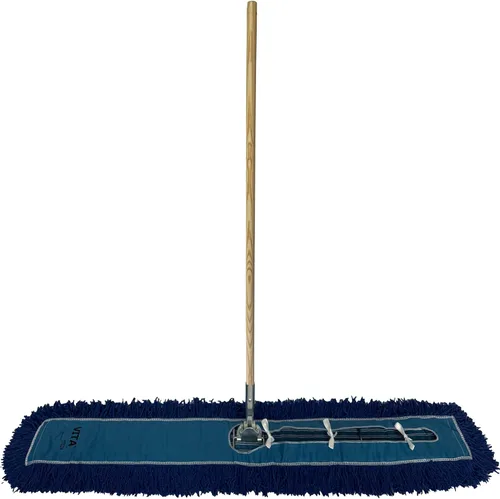Miniatura 2 de Kit de trapeador industrial para polvo, incluye cabezal de trapeador de bucle cerrado trenzado azul de 48 pulgadas, mango de madera y marco