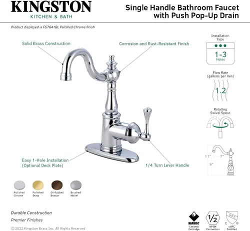 Miniatura 4 de Kingston Brass FS7648BL Inglés Vintage Grifo de lavabo de una sola manija con Push Pop-Up y placa, níquel cepillado Latón pulido