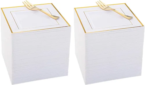 Miniatura 8 de WDF Platos de postre de plástico plateado con tenedores de plástico, 100 platos cuadrados desechables para aperitivos, platos pequeños con borde