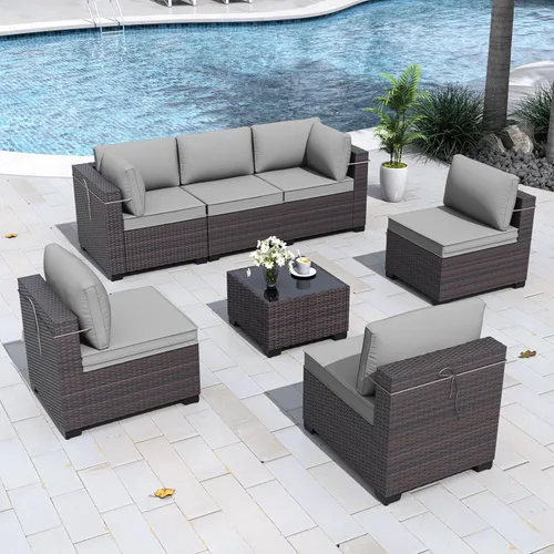 Miniatura 48 de Gotland Juego de muebles de patio de 8 piezas con mesa con fogón, muebles de ratán para exteriores para todo tipo de clima con respaldo alto de 2