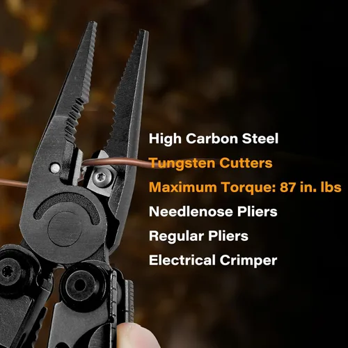 Miniatura 3 de Tijeras y alicates multiherramienta 21 en 1 con cortadores de tungsteno, autobloqueo Kit EDC duradero y resistente para camping, reparación, Negro