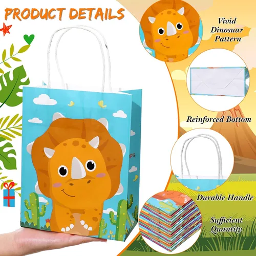 Miniatura 4 de Pajean 24 bolsas de caramelos de dinosaurio con asa, bolsas de papel de recuerdo de fiesta de dinosaurios, regalos para niños, envoltura