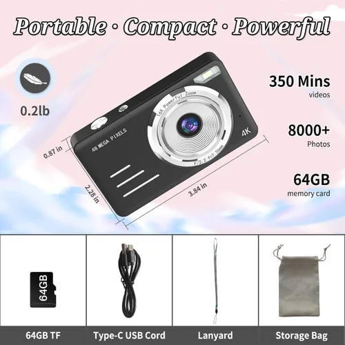 Miniatura 7 de Cámara digital FHD 1080P para niños, 48MP apunta y dispara, con una tarjeta de 64 GB, zoom 16X, antivibraciones, cámara pequeña compacta para niños