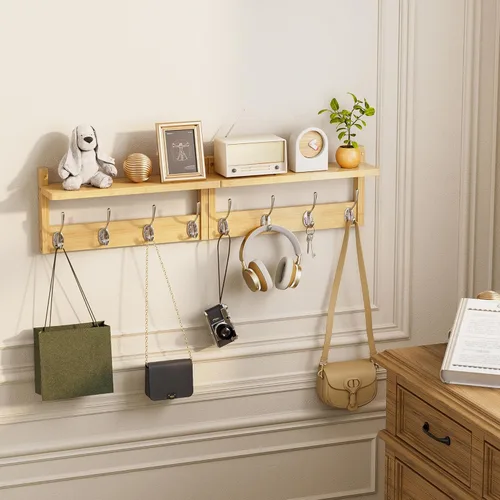Miniatura 7 de STELLSTAR Perchero con estante, paquete de 2 colgadores de pared de bambú con 8 ganchos para entrada, pasillo, cocina, baño, sala de estar, cuarto