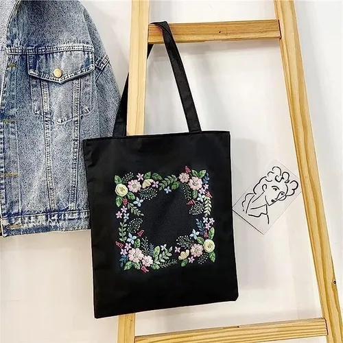 Miniatura 5 de Kit de bolsas bordadas estampadas para bricolaje, diseño de flores de pensamiento, con aros de patrón, hilos de costura, arte de costura, bolsa