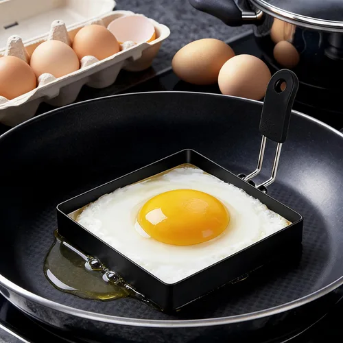 Miniatura 6 de Paquete de 4 anillos de huevo para freír huevos, redondos y cuadrados, acero inoxidable, para magdalenas inglesas, panqueques, con mango de silicona