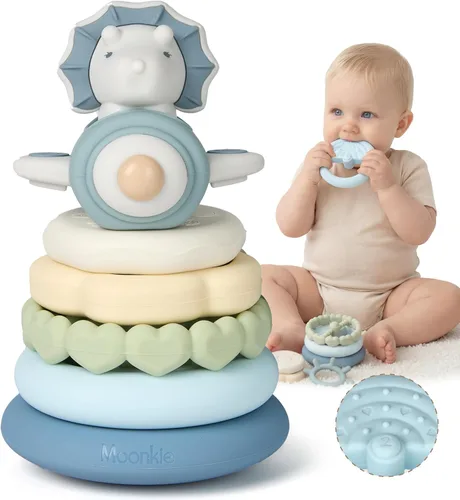 Miniatura 10 de Juguetes de apilar de Moonkie con forma de conejito para bebé Anillos de silicona de 7 piezas para alivio de la dentición Juguete educativo
