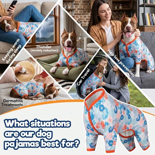 Miniatura 4 de LovinPet Conjunto de pijama, camiseta interior para abrigos de perro, tela suave y ligera, estampado de árboles de coral y conchas, camisa de Azul