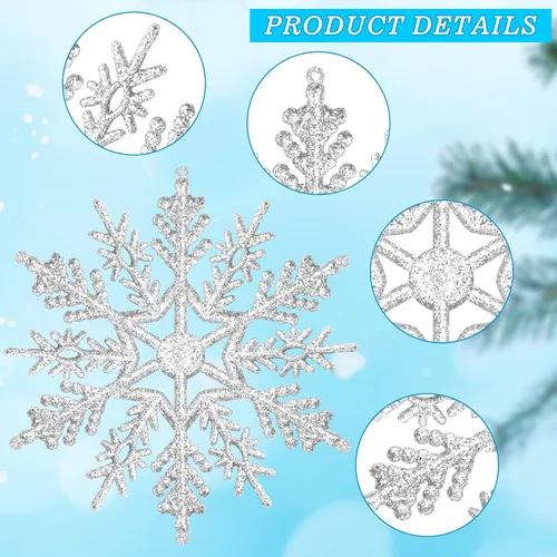Miniatura 3 de MIAHART Paquete de 40 adornos de copos de nieve plateados de Navidad de 4 pulgadas, adornos de copos de nieve de plástico plateado con purpurina