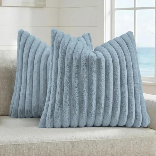 Miniatura 45 de FUTEI - Juego de 2 fundas de almohada decorativas con rayas, cuadradas, para invierno, piel sintética de conejo suave y acogedora y respaldo