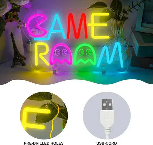 Miniatura 3 de Letrero LED de neón retro para sala de juegos, Pac Man y fantasmas, decoración de fantasma retro con USB/interruptor de luz de neón para sala