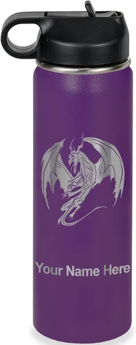 Miniatura 42 de LaserGram Botella de agua con tapa abatible de doble pared de 12 onzas con pajilla, dragón, grabado personalizado incluido (negro)