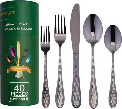Juego de cubiertos negros de 40 piezas para 8, cubiertos de acero inoxidable 18/10 para 8, elegante diseño de panal de abeja, incluye cuchillo,