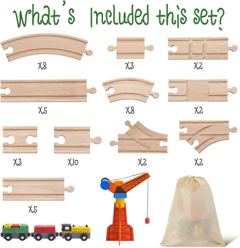Miniatura 3 de Juego de 62 vías de tren de madera, accesorios de sistemas ferroviarios de madera, paquete de expansión con tren + grúa, para niños de 3 a 10 años